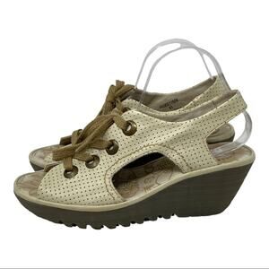 Fly London Ylva Khaki Perforated Cutout Peep Toe Lace-Up Wedge Sandals Size 41